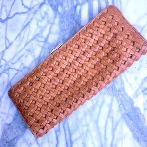 Bloomingdales Tan Leather Woven Clutch Intrecciato